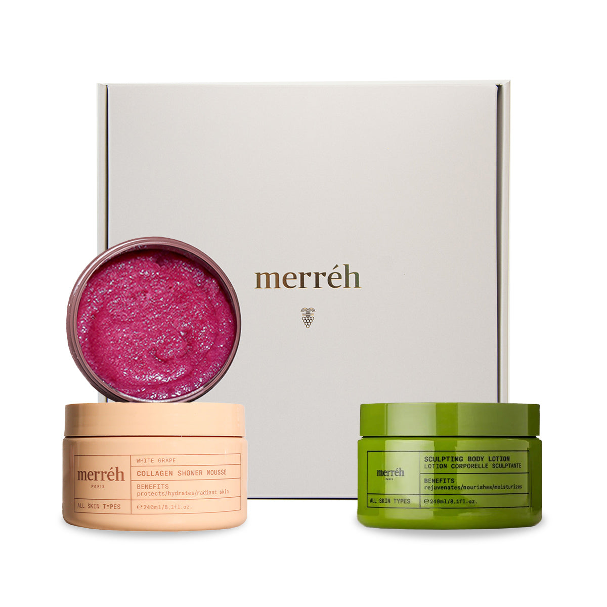 Self-Love Ritual Промо сет за тяло с натурални съставки – антиоксидантен скраб с червено грозде за стимулиране на микроциркулацията, душ мус с колаген за нежно почистване и скулптуриращ боди лосион с пептиди, кофеин и масло от гроздови семки. За стегната, гладка и дълбоко хидратирана кожа Merreh Paris