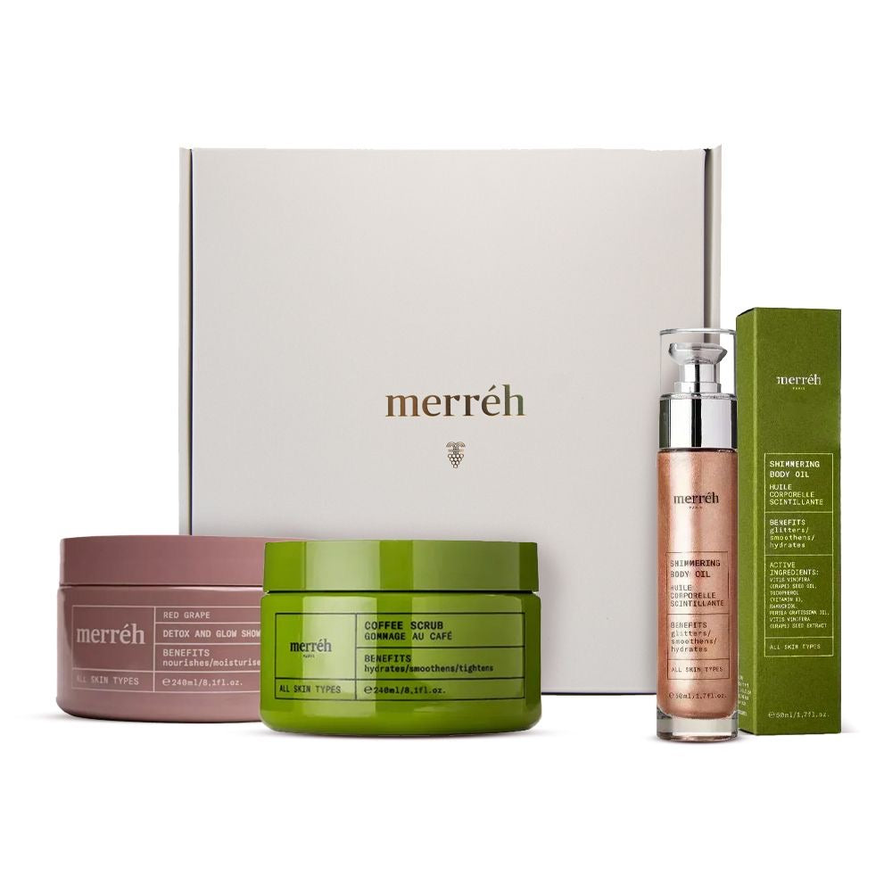 Скраб с кафе, Детокс мус и Блестящо олио | merréh Paris Velvet Grow Ritual Промо сет с натурални съставки. Кафе скраб за изглаждане и антицелулитен ефект, детокс душ мус с масло от гроздови семки и блестящо олио с пептиди за фин златист блясък на лице, тяло и коса.
